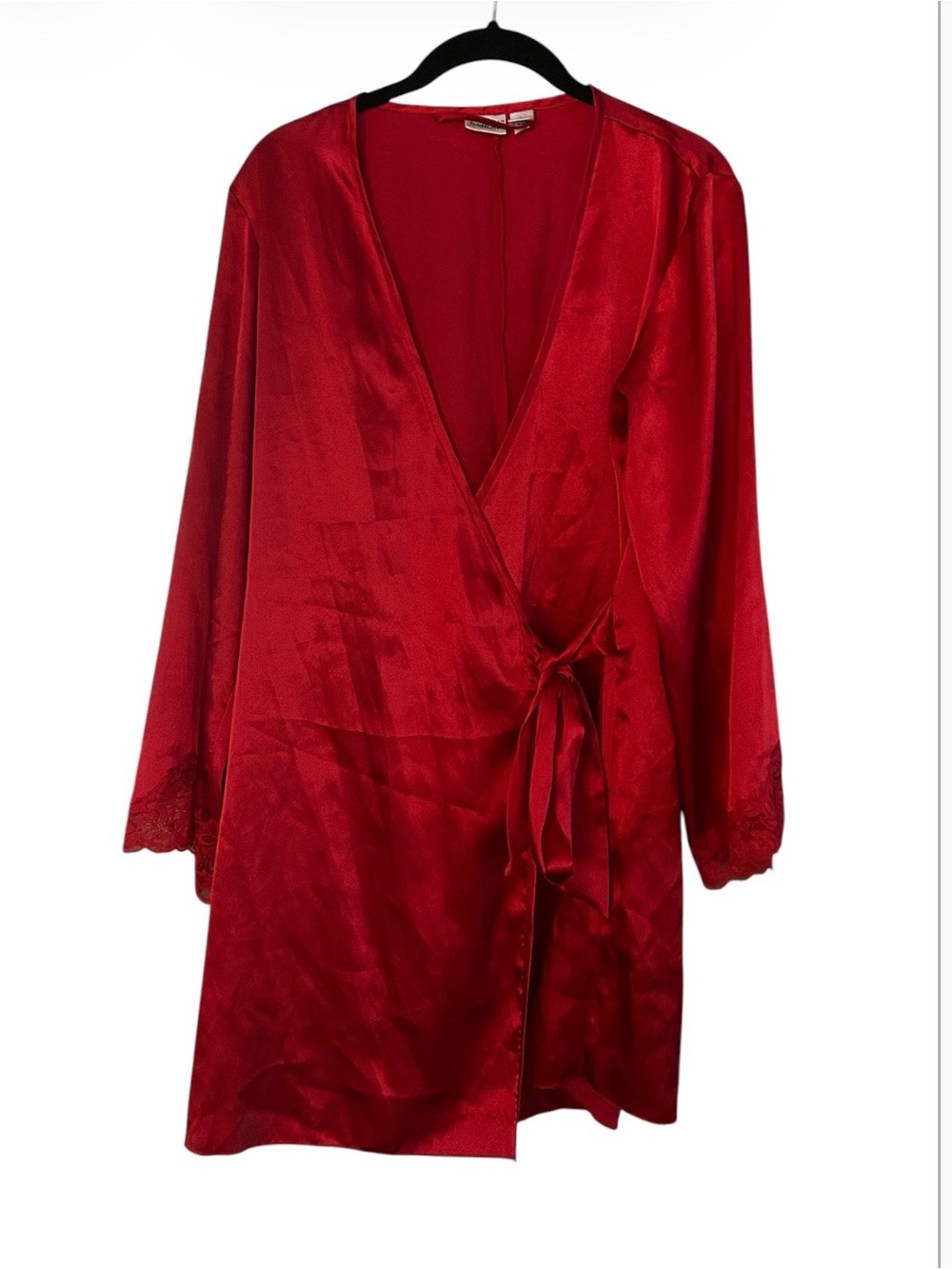 Frederick's of Hollywood Red Satin Lace Trim Wrap Robe Size L Valentines Boudoir